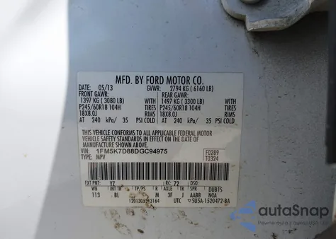 2013 Ford Explorer Xlt z USA, uszkodzony, nr VIN 1FM5K7D88DGC94975